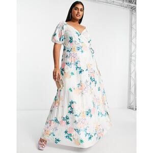 NEW Asos Curve Maxi Wrap Dress Puff Sleeve Floral Print Pleated Size 12